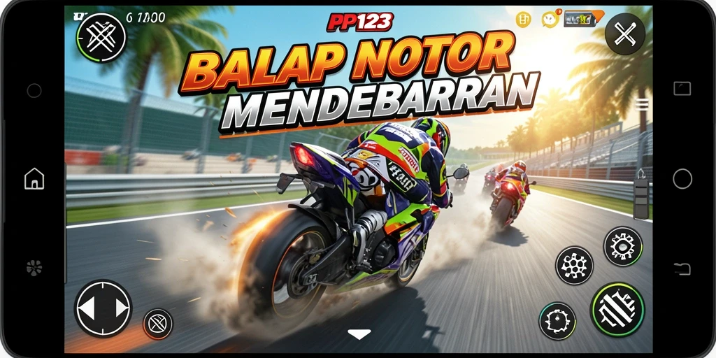 Tampilan antarmuka PP123 dengan grafis balap motor yang memukau.