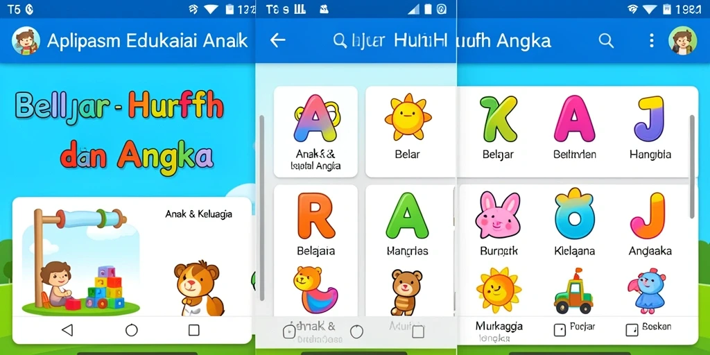 Antarmuka T6 dengan permainan interaktif untuk belajar huruf dan angka.